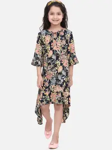 StyleStone Girls Navy Blue & Peach-Coloured Printed Fit and Flare Dress