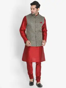 VASTRAMAY Men Maroon & Black Self Design Kurta with Churidar & Nehru Jacket