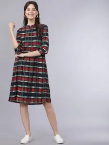 Tokyo Talkies Women Rust Brown & Navy Blue Checked Fit and Flare Dress
