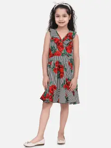 StyleStone Girls White Printed Fit and Flare Dress