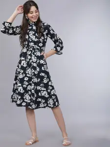 Tokyo Talkies Women Navy Blue & White Floral Print Fit and Flare Dress