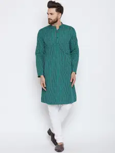 even Men Green Striped Straight Kurta