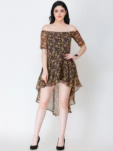 SCORPIUS Women Black & Brown Floral Printed Off-Shoulder Mini Dress