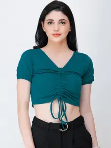 SCORPIUS Women Teal Blue Solid Crop Top With Tie-Up