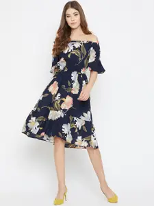 Ruhaans Women Navy Blue Printed Fit and Flare Dress