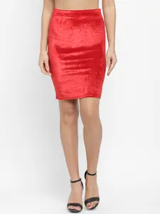 N-Gal Women Red Solid Velvet Pencil Mini Skirt