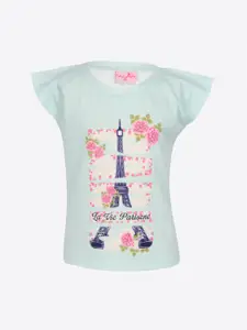 CUTECUMBER Girls Mint Green & Pink Eiffel Tower Print T-shirt