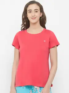Soie Women Coral Pink Solid Lounge T-shirt