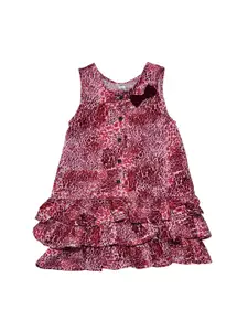 KiddoPanti Girls Pink & Maroon Printed Fit and Flare Dress