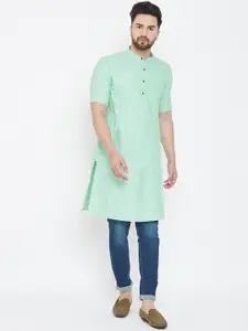even Men Sea Green Solid Straight Linen Kurta