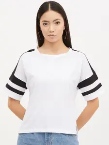 Harpa Women White  Black Striped Round Neck Pure Cotton T-shirt