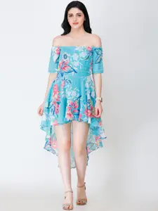 SCORPIUS Women Blue Floral Print Fit and Flare Dress