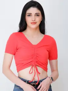 SCORPIUS Women Coral Solid Crop Top With Tie-Up