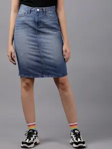 Tokyo Talkies Women Blue Solid Midi Denim Straight Skirt