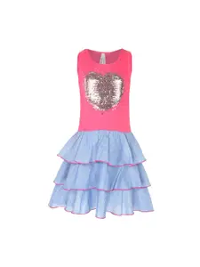 StyleStone Girls Pink & Blue Embellished Drop-Waist Dress
