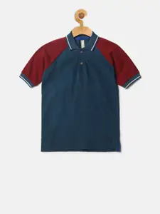 Instafab Boys Teal Blue & Maroon Colourblocked Polo Collar T-shirt