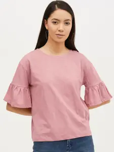 Harpa Women Pink Slub Knitted Pure Cotton Top with Bell Sleeves