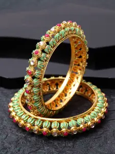 Shining Diva Set of 2 Gold-Plated Green & Pink Enameled Stone-Studded Meenakari Bangles