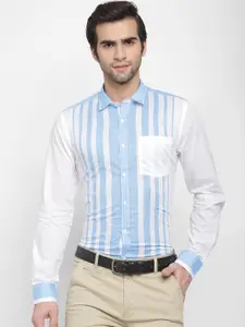 cape canary Men Blue & White Regular Fit Striped Formal Shirt