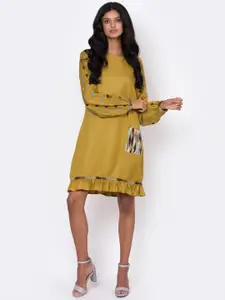 ROOTED Women Mustard Yellow Embroidered Fit and Flare Dress