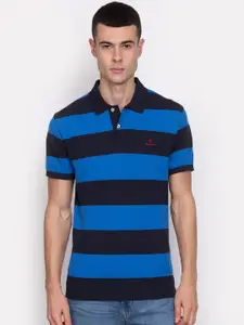 GANT Men Blue & Black Striped Polo Collar T-shirt