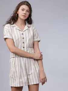 Tokyo Talkies Women Taupe & White Striped Crop Pure Cotton Top