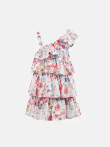 KIDKLO Girls White & Pink Printed Fit and Flare Dress