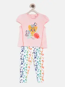 MINI KLUB Girls Peach-Coloured & White Printed Top with Trousers