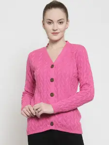 Kalt Women Pink Self Design Cardigan Sweater
