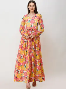 SCORPIUS Women Multicoloured Floral Printed Fit and Flare Maxi Dress