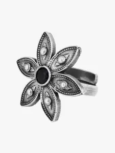 Adwitiya Collection Oxidized Silver-Plated Black Stone-Studded Adjustable Finger Ring