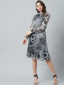 Athena Grey Floral Printed Fit and Flare Dress
