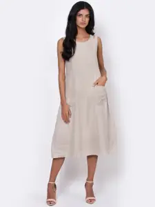 ROOTED Women Cream-Coloured Solid Linen Fit and Flare Dress