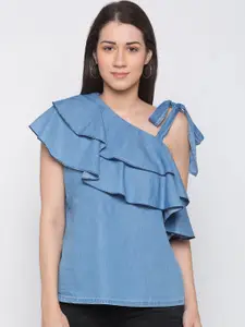 Globus Women Blue Solid One-Shoulder Pure Cotton Top