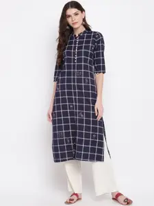 Vbuyz Women Navy Blue & White Checked Straight Kurta