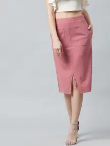 Athena Women Pink Solid Midi Pencil Skirt