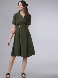 Tokyo Talkies Women Olive Green Solid Fit and Flare Dress