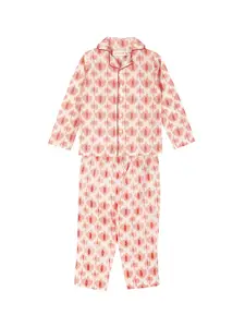 My Little Lambs Girls White & Red Printed Night suit
