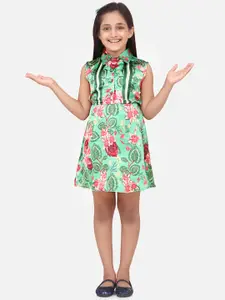 StyleStone Girls Green Printed Satin A-Line Dress