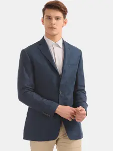 AD By Arvind Men Blue Solid Linen Slim-Fit Single-Breasted Casual Blazer