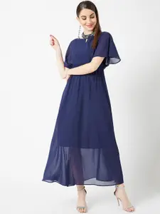 Miss Chase Women Navy Blue Embellished Jewel Collar A-Line Dress