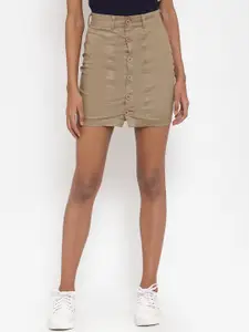 VOXATI Women Khaki Solid Denim Pencil Mini Skirt