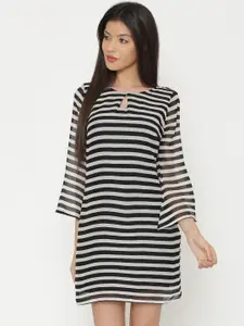 Yaadleen Women Off-White & Black Striped A-Line Dress