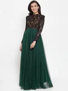 Just Wow Green Self Design Fit and Flare Dress