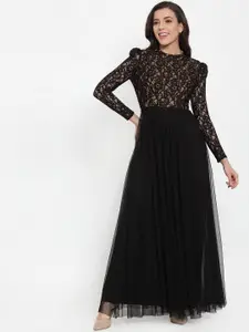 Just Wow Black Self Design Fit and Flare Dress