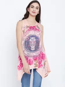 Camey Women Peach-Coloured & Pink Floral Printed Longline Top