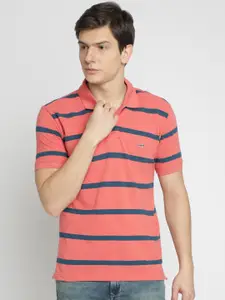 Crocodile Men Peach & Blue Striped Polo Collar T-shirt