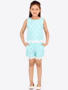 CUTECUMBER Girls Turquoise Blue & White Polka Dots Print Top with Shorts