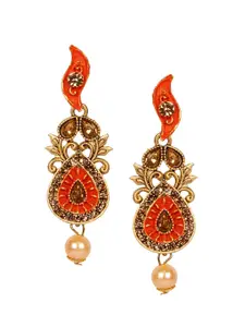 ANIKAS CREATION Gold-Plated & Orange Contemporary Enamelled Drop Earrings