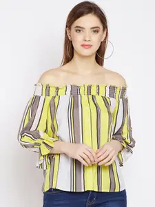 Oxolloxo Women Yellow & White Striped Bardot Top